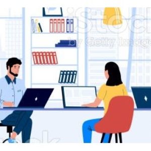 Coworking. Cartoon men and women working together with laptop. Freelance and teamwork in modern open space office in city, people communication and business process. Vector workplace flat illustration